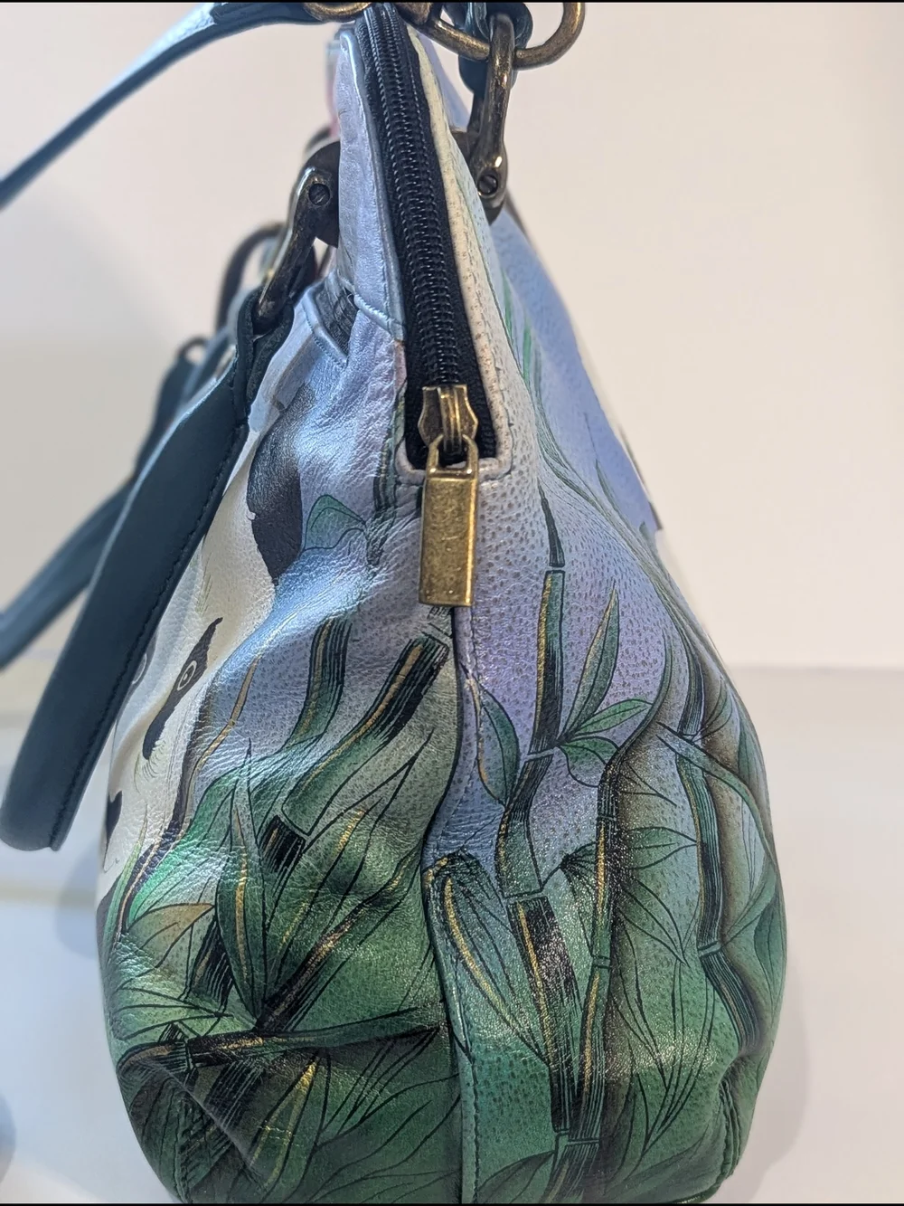 Anuschka Hand Painted Leather Satchel Panda Floral Crossbody Shoulder Bag Art